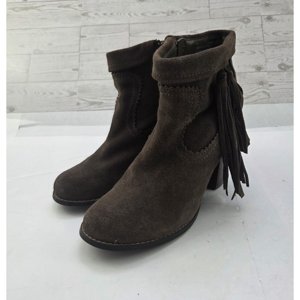 Sbicca Wynonna Fringe Ankle Boots Women's Size 8 Brown Suede Leather Block Heel